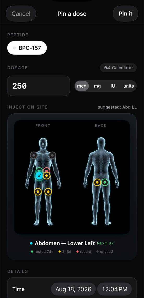 Pinned AI X-ray body map injection site picker with color-coded site recency