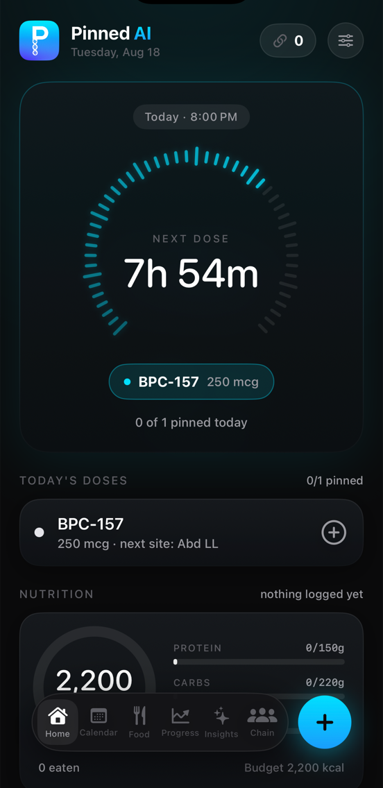 Pinned AI Today dashboard — next dose countdown, today's doses, and nutrition budget